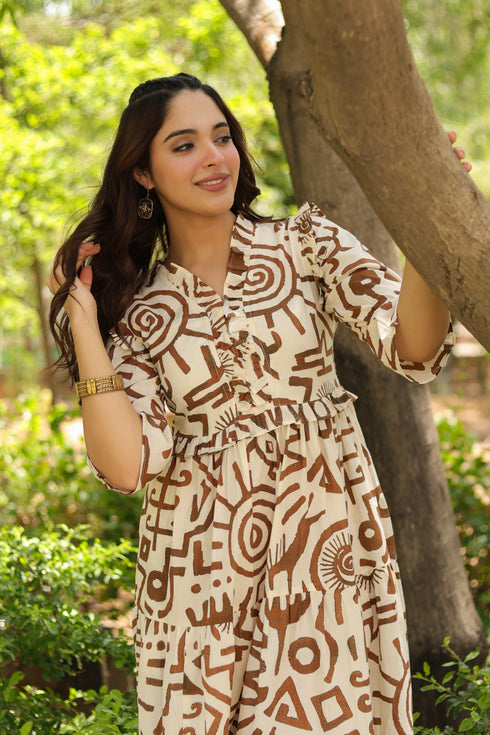 Women Abstract Printed Pure Cotton Tiered Fit & Flare Midi Dress